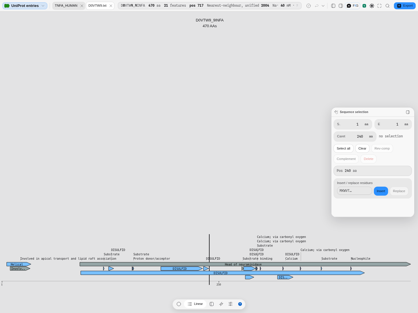 An unreviewed TrEMBL record open in the editor, 470 residues with 21 features.