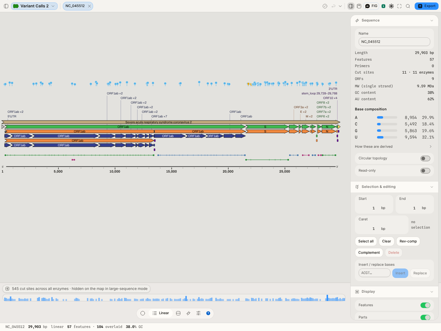 DRR1051020's 104 calls on the SARS-CoV-2 genome map