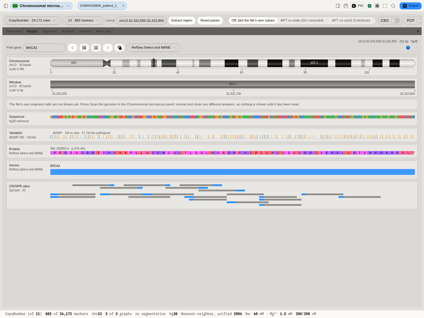 The same tab at 201 bases, where residue letters are drawn: residues 374 to 441 of BRCA2, 194 known variants of which 67 are pathogenic, and 20 SpCas9 sites.