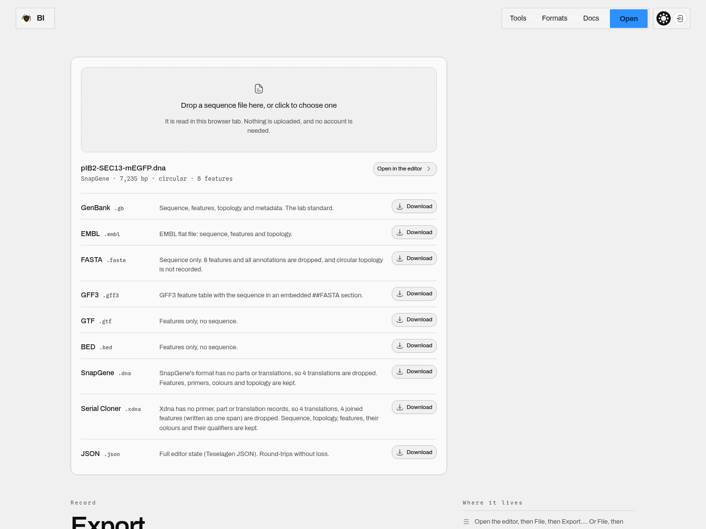 A SnapGene .dna dropped into the converter: the record reads as 7,235 bp, circular, 8 features, and
nine download targets are offered, each saying what it would drop.