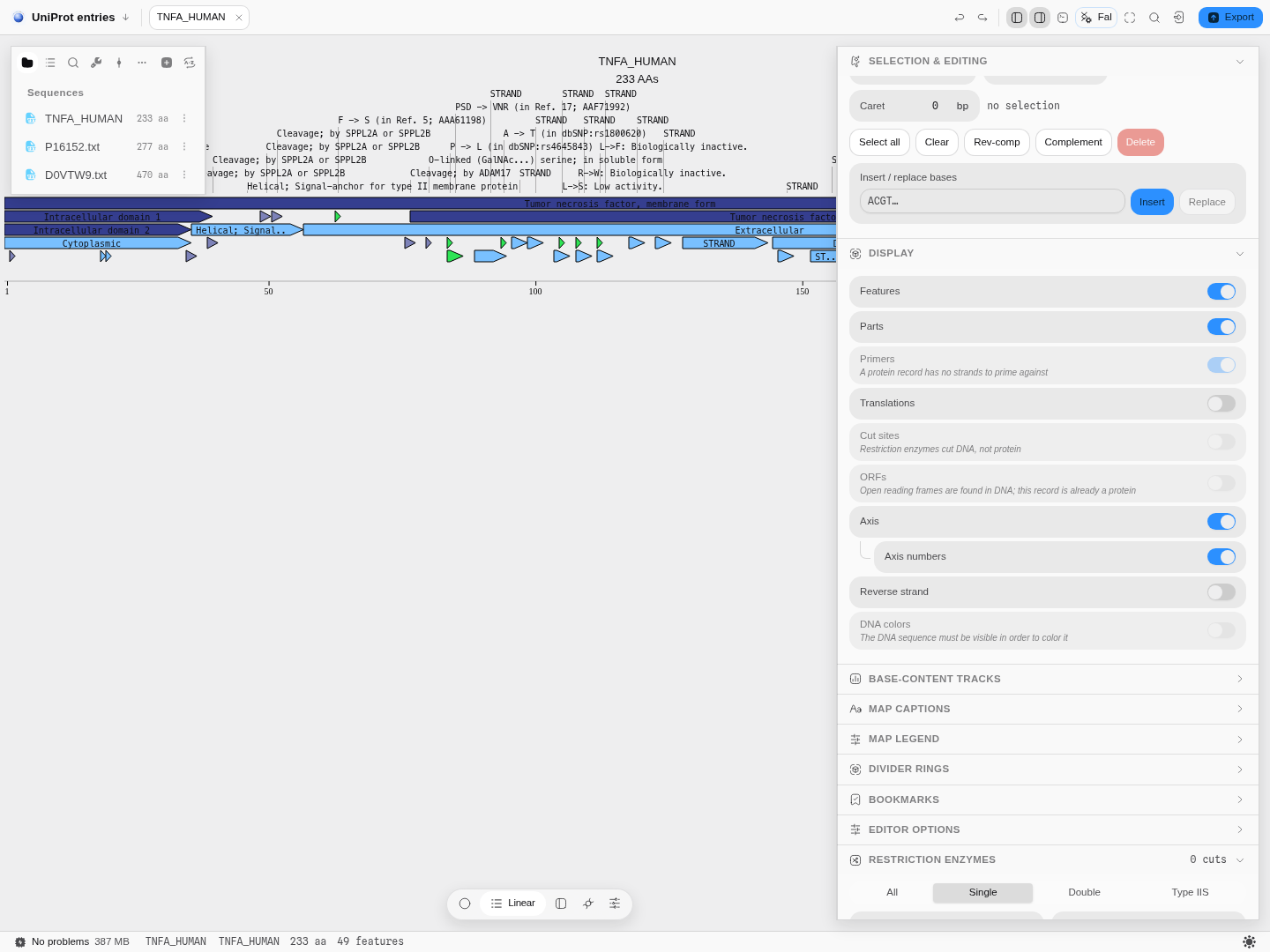 The Display section on a protein record: Primers, Cut sites and ORFs greyed out, each with the
reason it cannot apply.