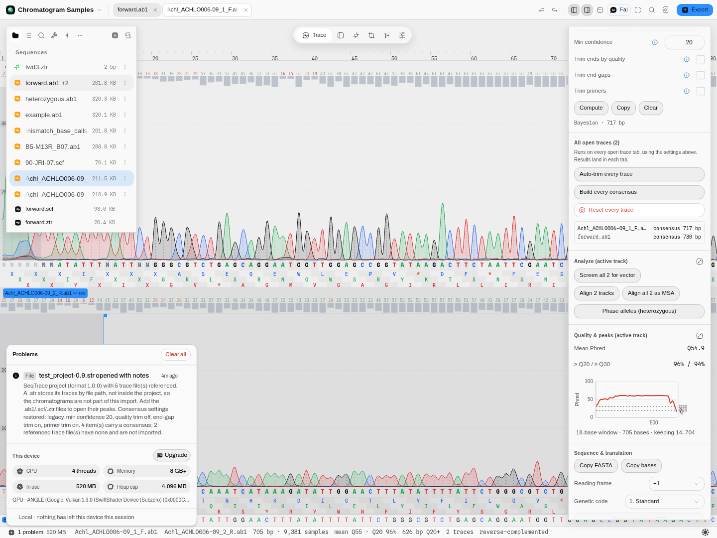 A SeqTrace project imported: the records it carried, and the note explaining what a .str does not contain