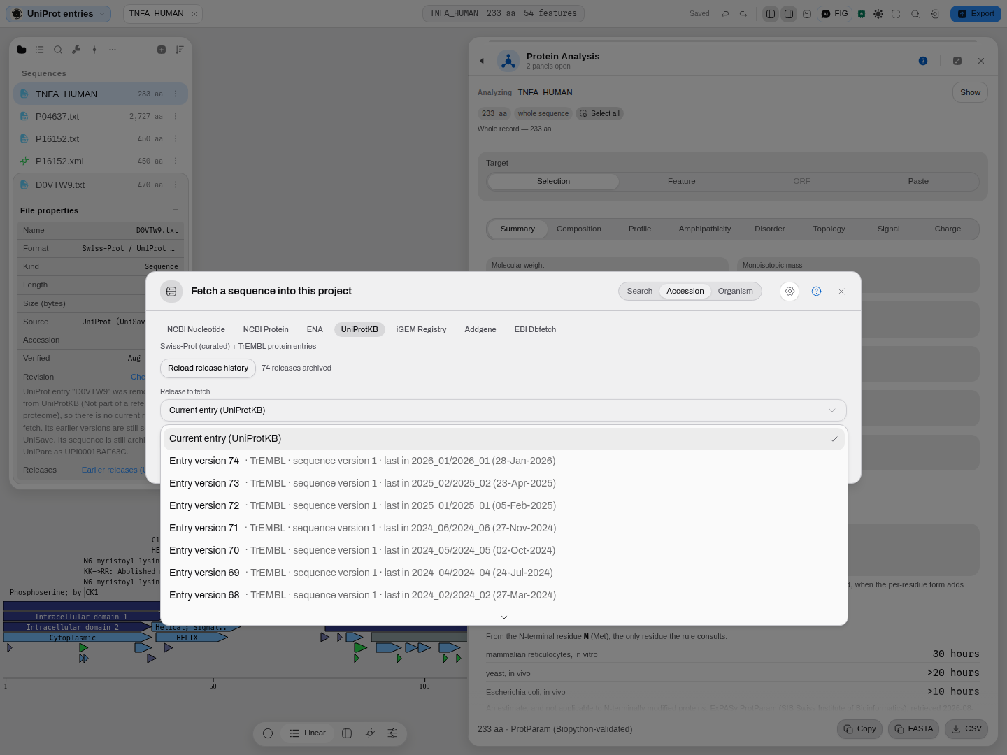 The fetch dialog opened from the Revision row, already on Accession, UniProtKB, with the
accession filled in and 74 archived releases listed by entry version, database and release
date.