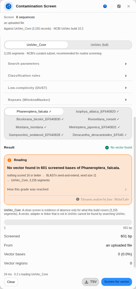 Eight cricket COI barcodes screened as a batch, each with its own result tab.
