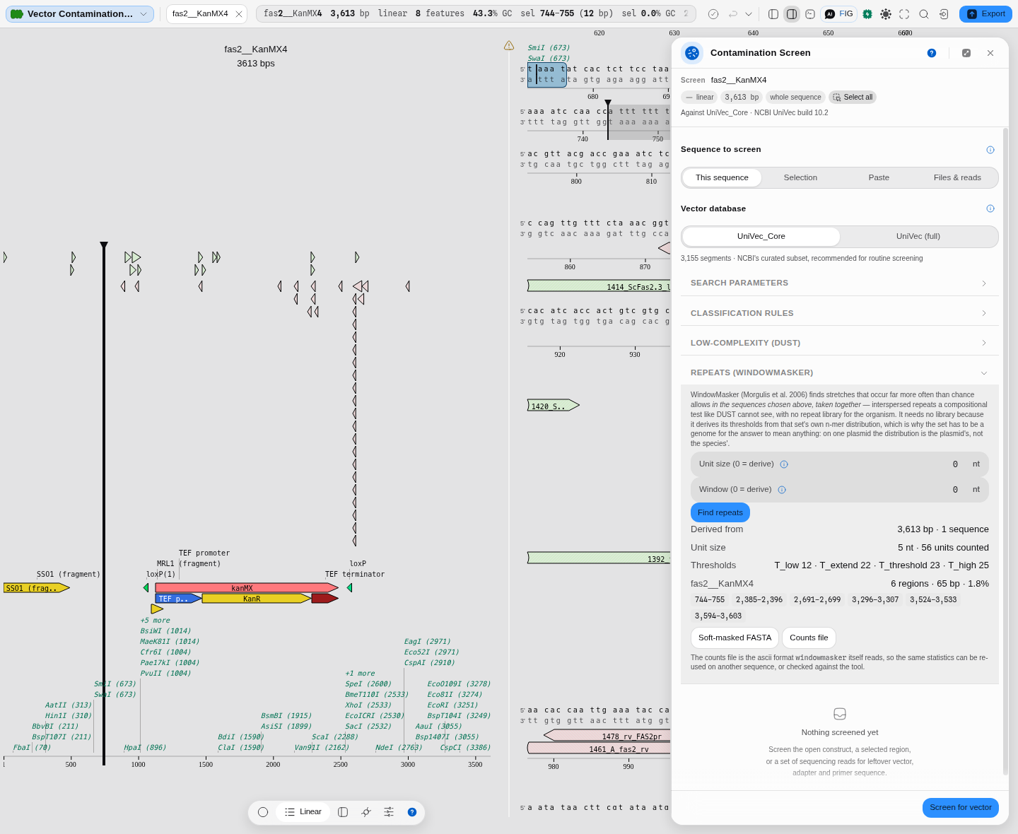 WindowMasker on the FAS2::KanMX4 locus: 56 units counted over 3,613 bp, thresholds 12 / 22 / 23 / 25, six repetitive regions totalling 65 bp.
