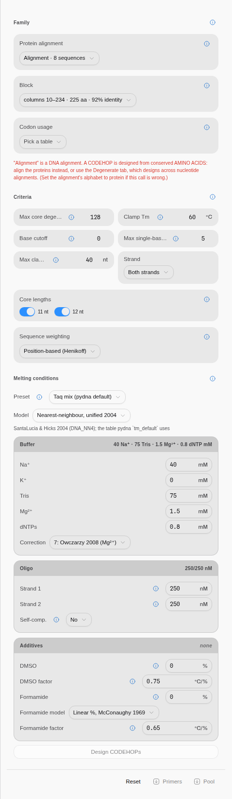 The CODEHOP tab refusing a nucleotide alignment: eight aligned cricket COI barcodes, the reason stated in place, and Design CODEHOPs disabled