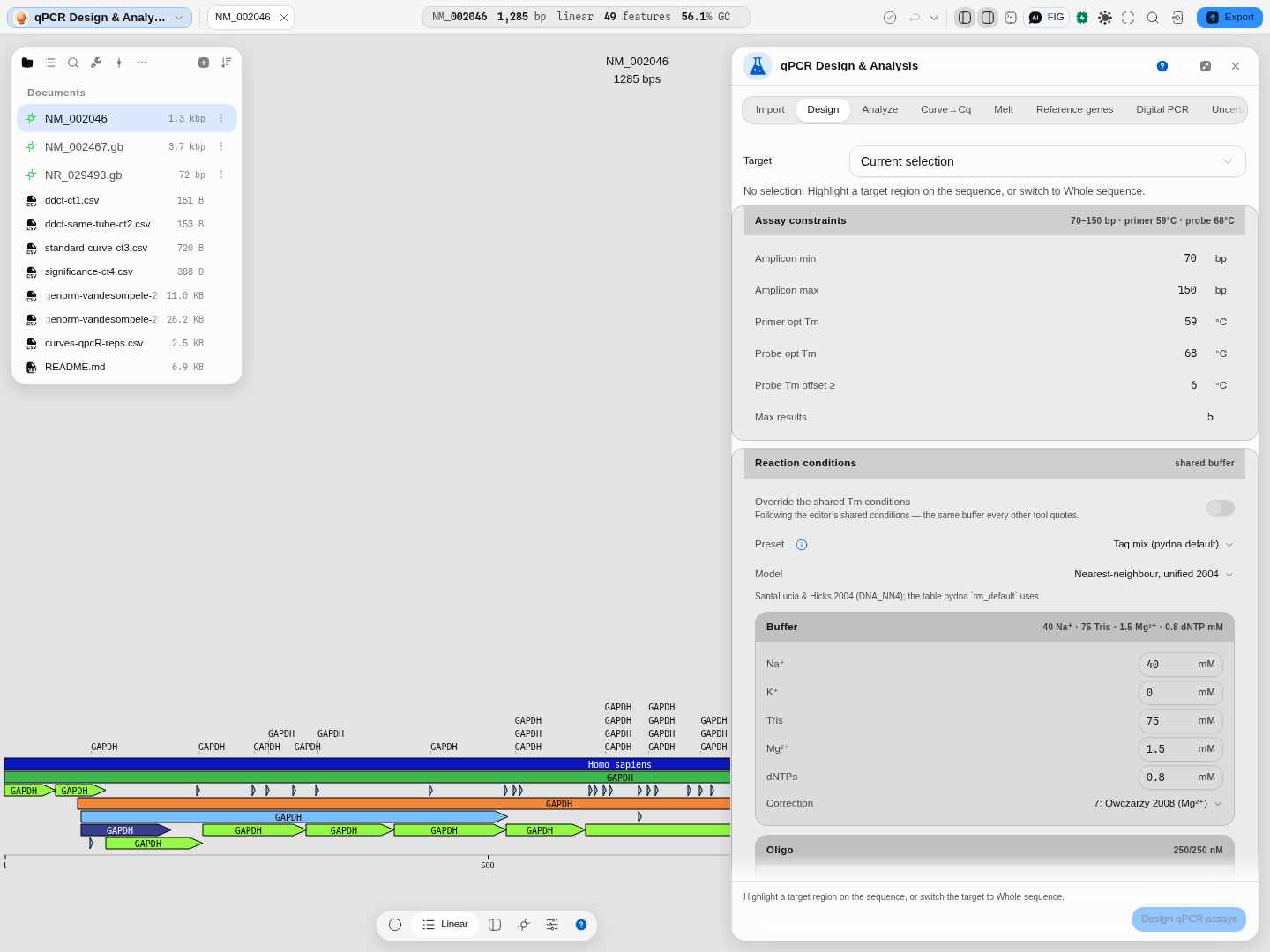 The Design tab with a designed assay written back onto the molecule as qPCR_probe and qPCR_amplicon annotations.
