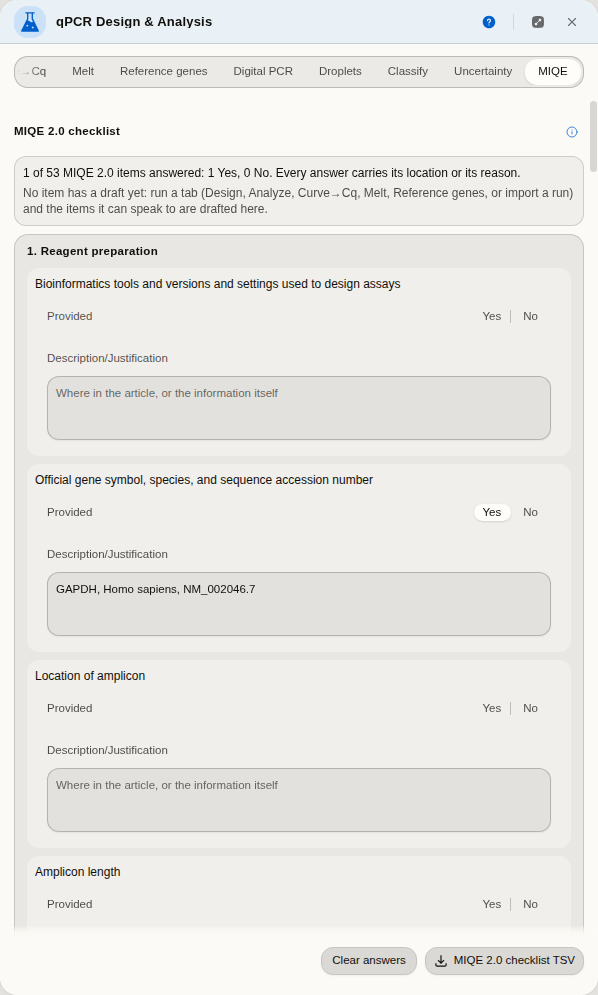 The MIQE tab after a standard-curve analysis: the summary of answered items, and the data-analysis items with descriptions drafted from the Analyze tab's run.