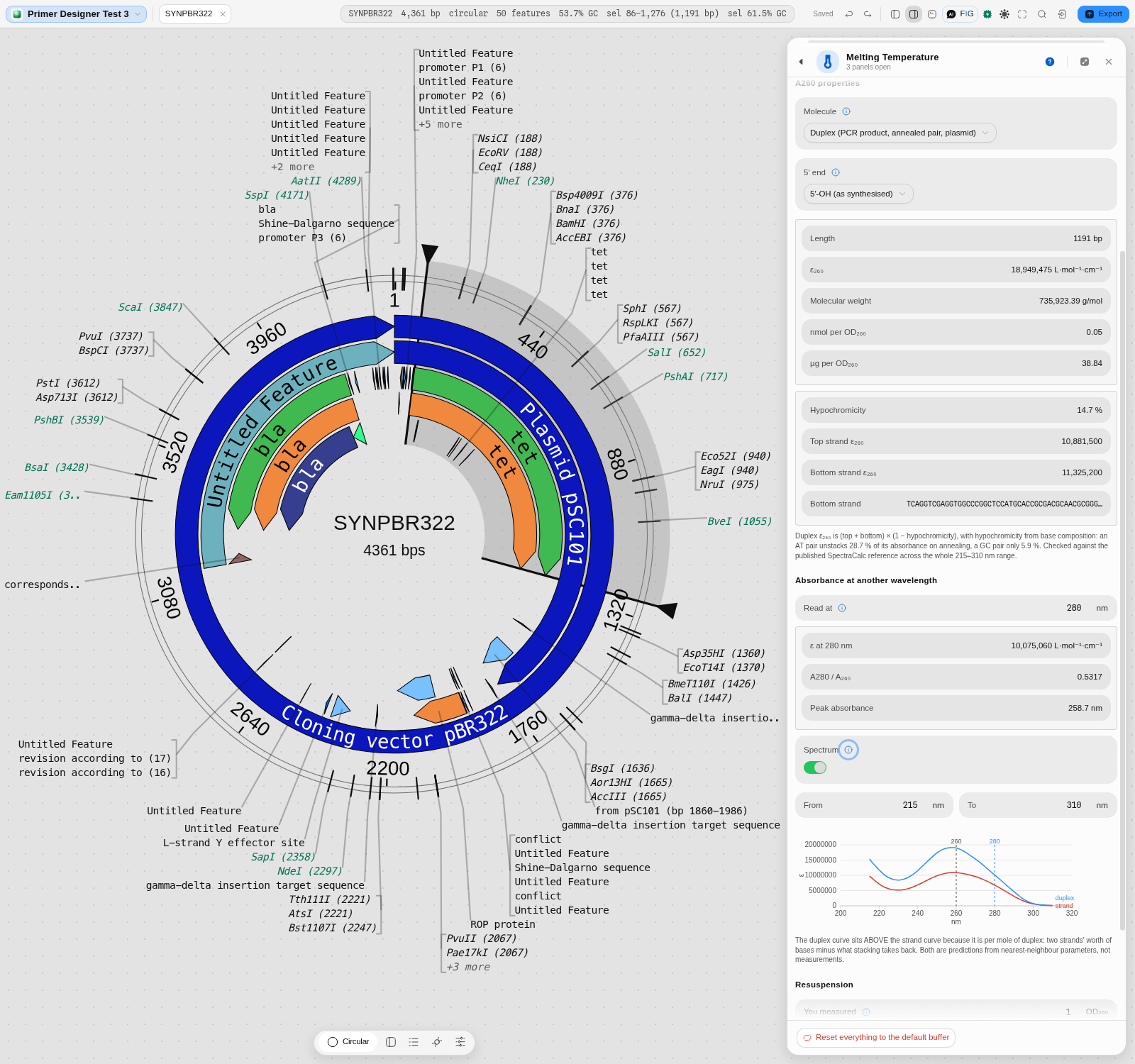 The Oligo tab in duplex mode on the tet gene of pBR322