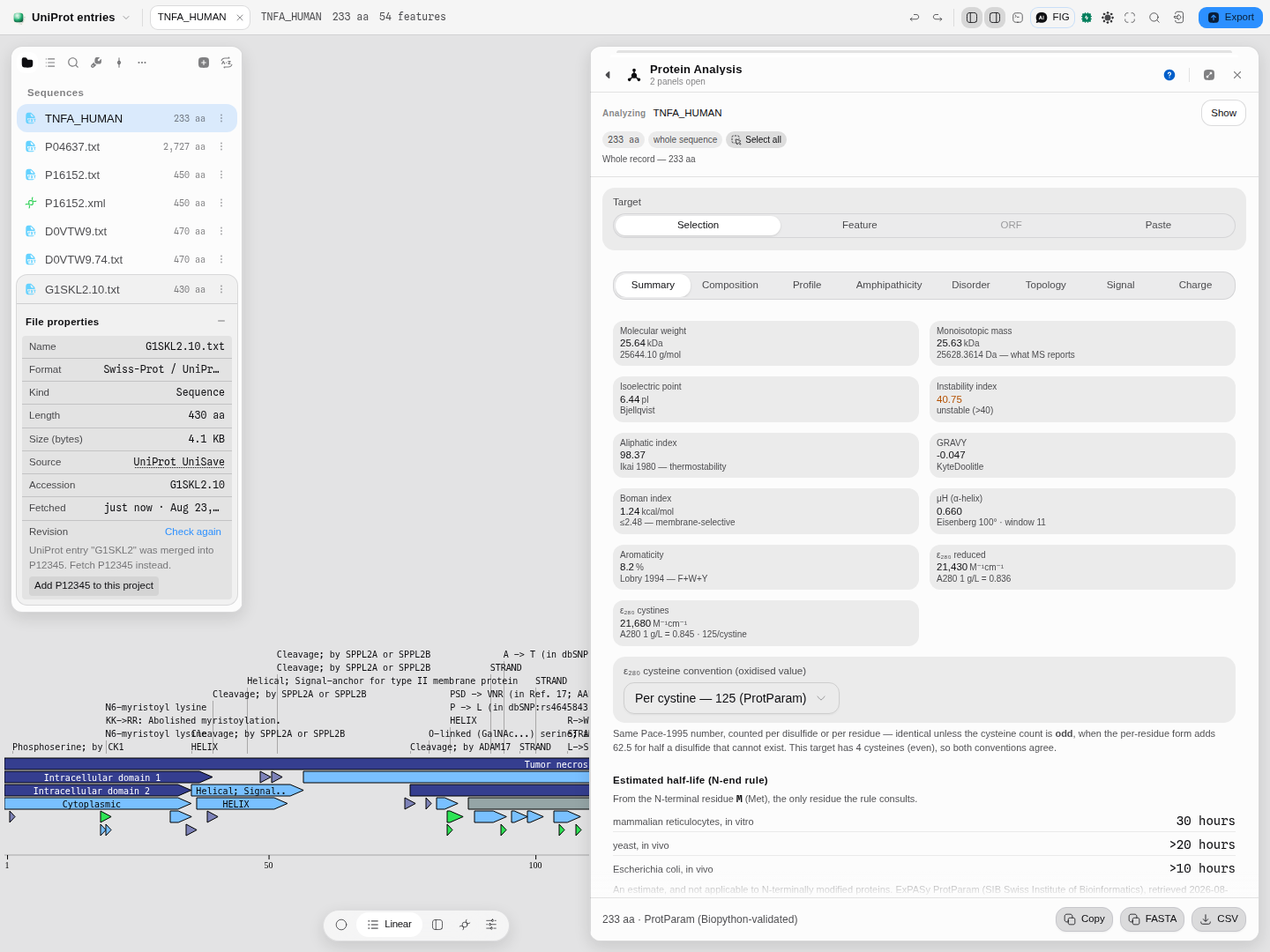 The Revision row on a merged UniProt accession, reading: UniProt entry "G1SKL2" was merged into
P12345. Fetch P12345 instead. — with a button labelled Add P12345 to this
project.