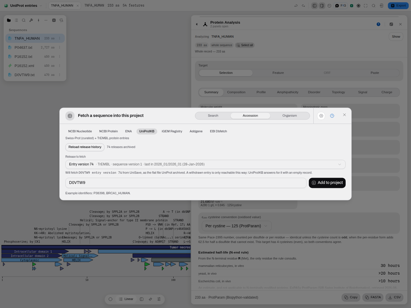 The fetch dialog with UniSave loaded for a deleted accession: 74 releases archived, and a picker
showing entry version 74, TrEMBL, sequence version 1, last in release
2026_01.