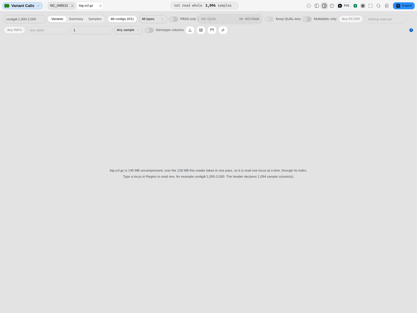 A call set too large to read whole, opened at its header with the region box as the way in