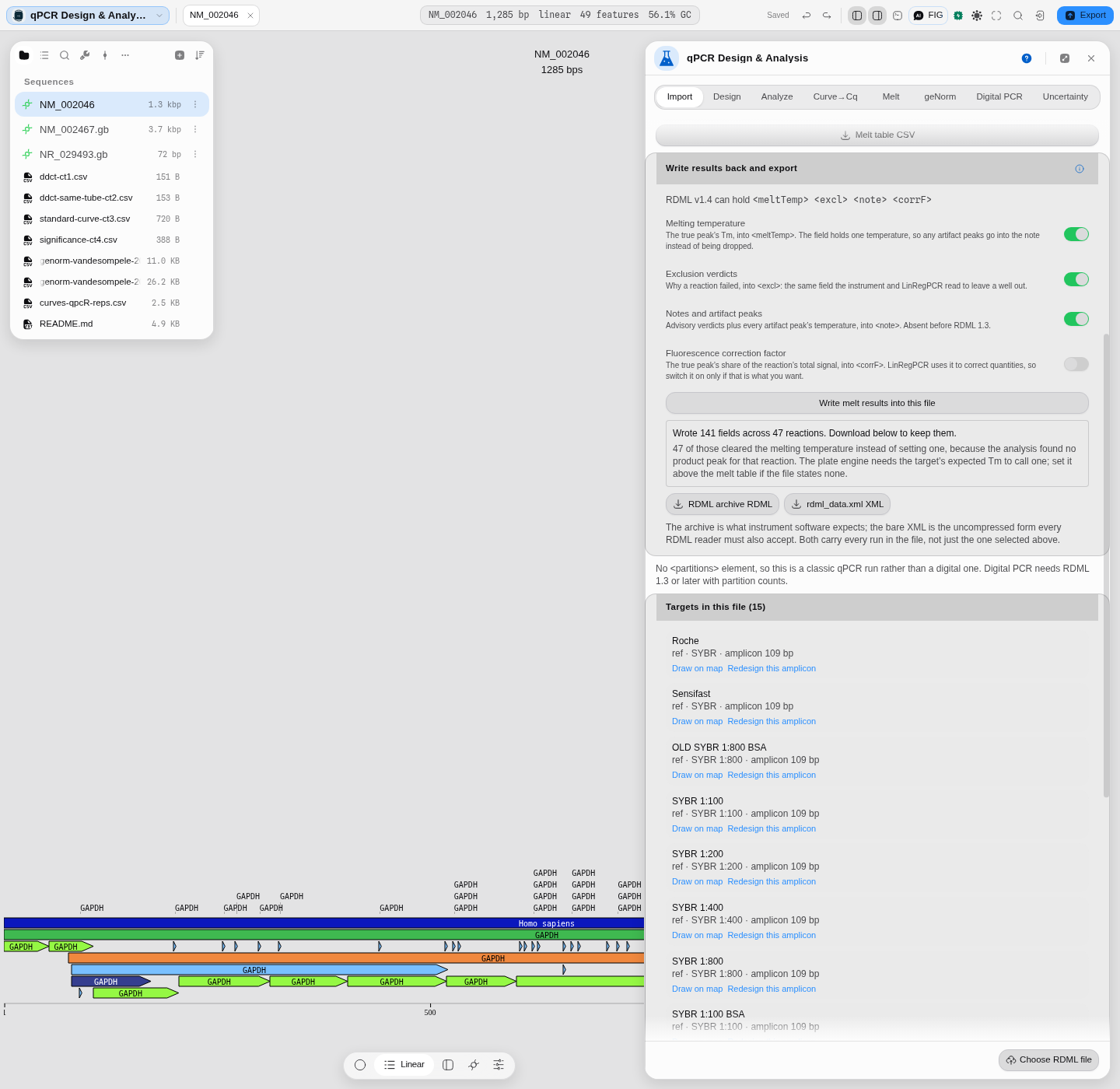 The Import tab's write-back section: four field switches with their descriptions, the report saying 141 fields were written across 47 reactions of which 47 cleared the melting temperature, and the two download buttons.