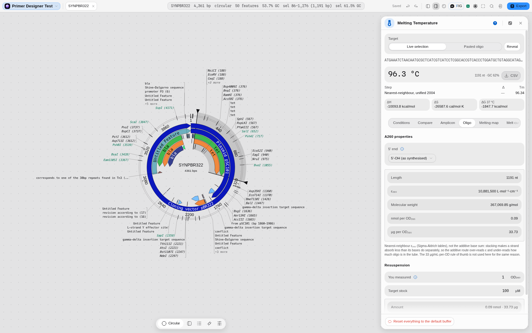 The Oligo tab, computing A260 properties for a real selection on pBR322