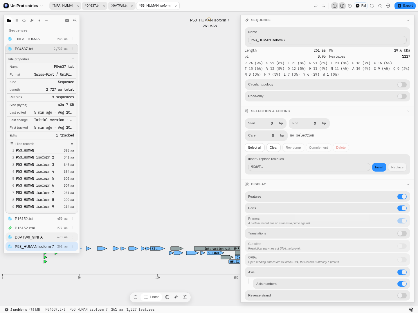 The UniProt entries project with P04637 open. The file's record list shows all nine isoforms with
their lengths, isoform 7 is open in the editor at 261 residues, and the inspector reports its
molecular weight, isoelectric point and residue composition.