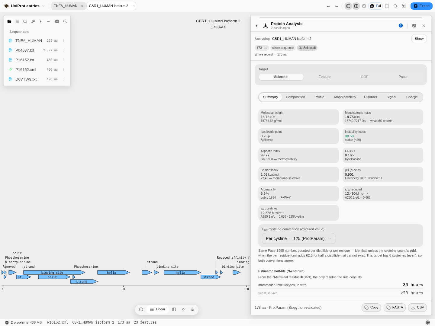 An isoform built from a UniProt XML download, open as its own document, with the flat file and
the XML of the same entry both reporting 450 residues across their records.